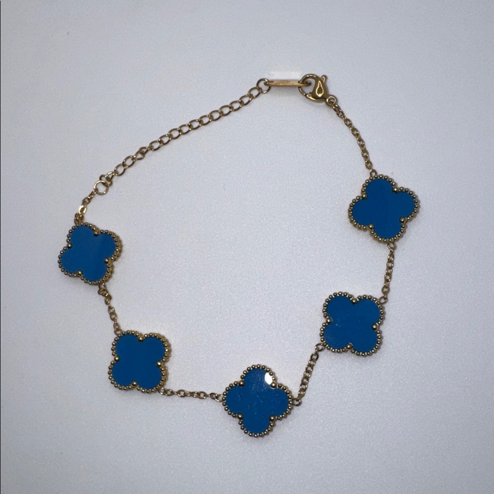 Rhinestone & Blue Clover Bracelet 18KGP Adjustable - Picture 2 of 6
